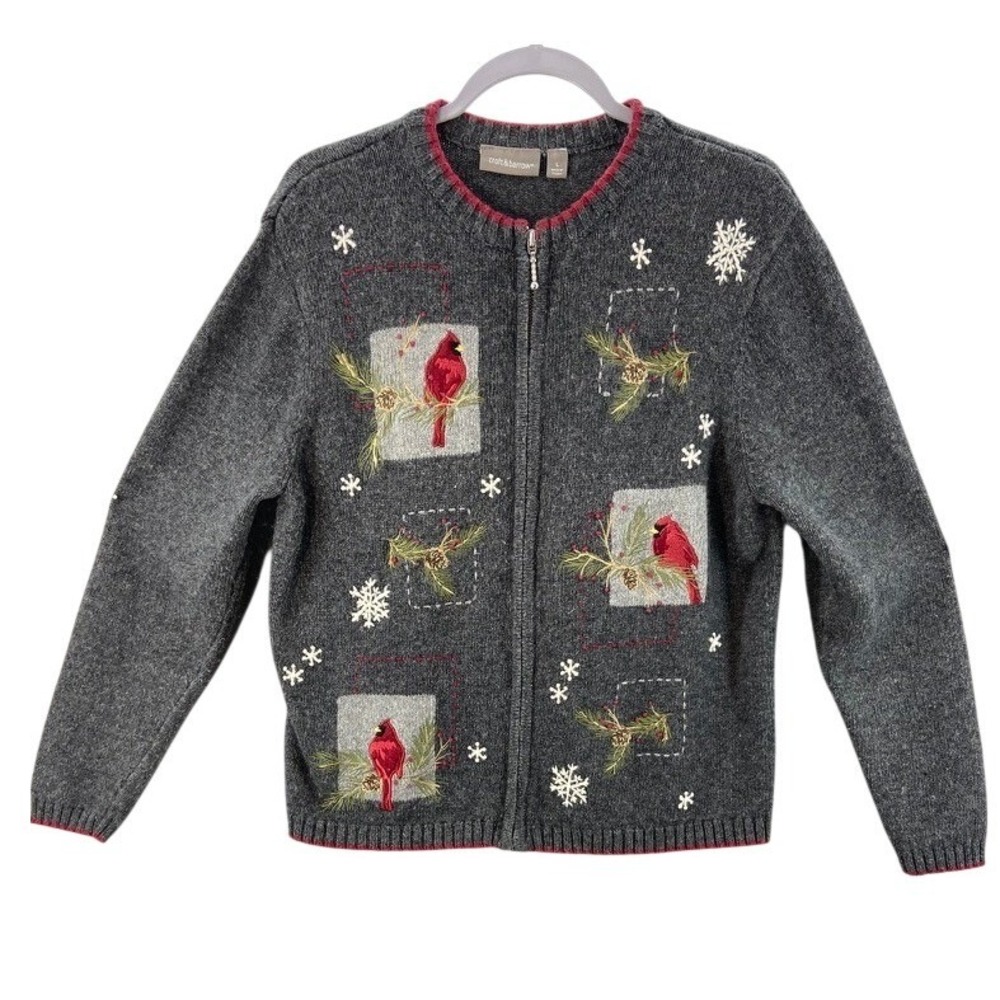 Croft & Barrow Cardigan Women Large Gray Cardinal Zip Wool Blend Sweater